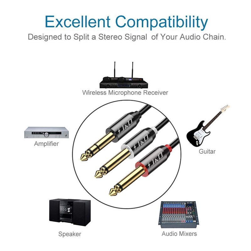 J&D 1/4 inch TRS Stereo Y Splitter Insert Cable, (2 Pack) Gold Plated Copper Shell 6.35mm 1/4 inch TRS Male to Dual 6.35mm 1/4 inch TS Male Mono Breakout Cable, Audio Cord, 15 Feet - Image 4